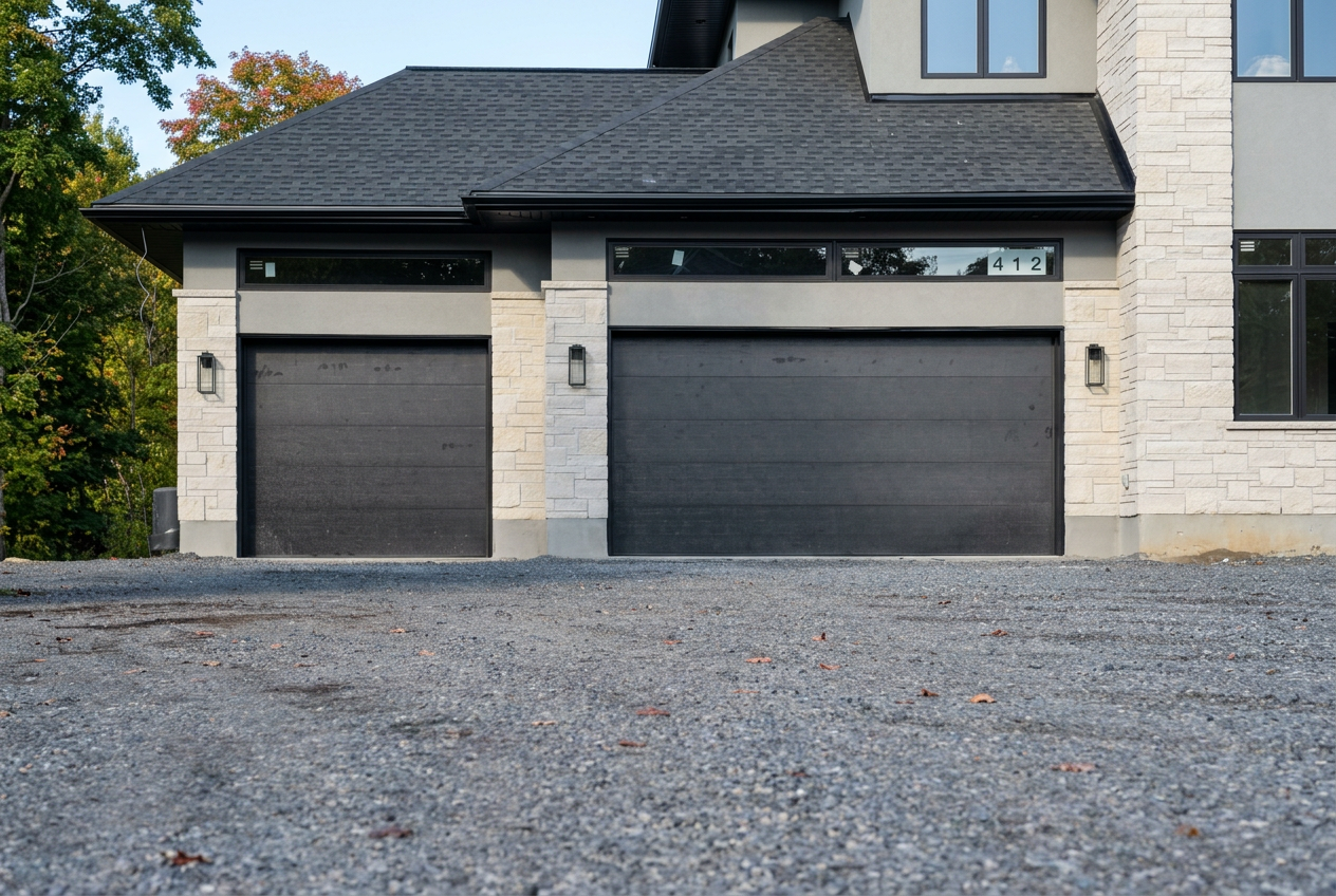 Custom black flush garage doors on a modern luxury home at twilight
